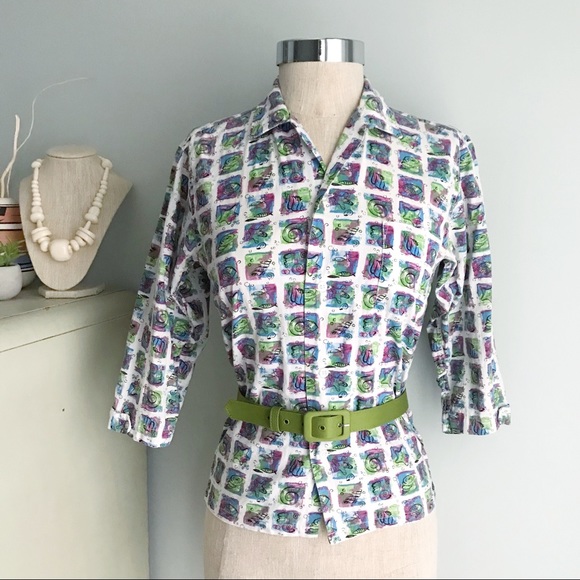 Vintage Tops - 1950s VINTAGE Kitschy Beach Print Short Sleeve Top